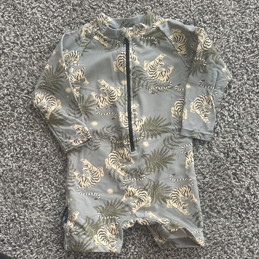 Kids Swim One Piece in Gray with Tiger Print